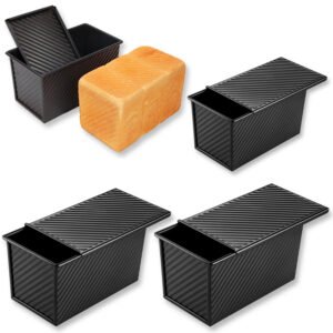 4 PCS Professional Non-Stick Pullman Loaf Pan with Lid - Heavy-Duty Corrugated Carbon Steel Toast Mold